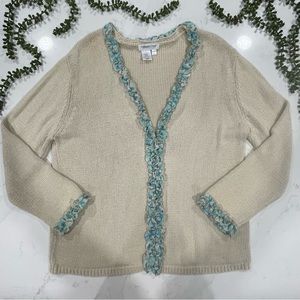 Coldwater Creek Ivory Cardigan Sweater with Blue Floral Ruffle Trim